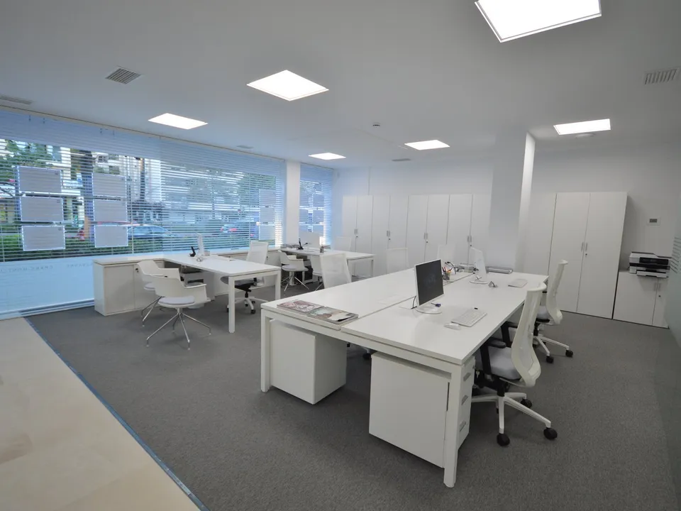 Oficina luminosa con puestos de trabajo en hilera junto a grandes ventanales