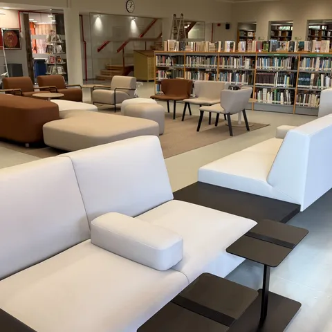 Zona de lectura con sofás y estanterías al fondo